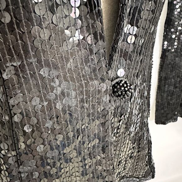 LILLIE RUBIN Black Sequin 100% Silk JACKET SKIRT SUIT VINTAGE 1990s Medium Set - Picture 6 of 8